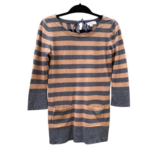 Ann Taylor LOFT Gray & Camel Striped 3/4 Sleeve Sweater Womens Size Small - Picture 1 of 11